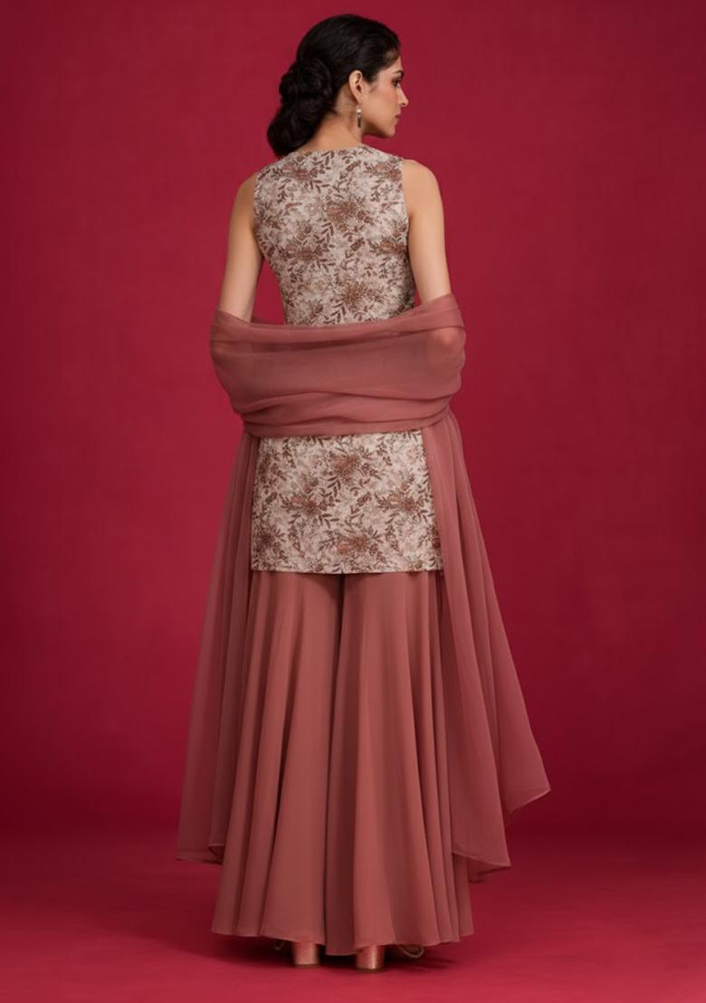 Mocha Beige Embroidered Crepe Sharara Set - Indya