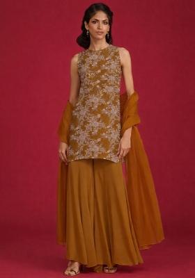 Brown Embroidered Crepe Sharara Set
