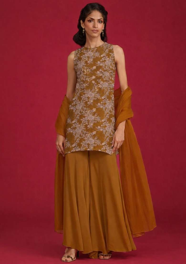 Brown Embroidered Crepe Sharara Set - Indya