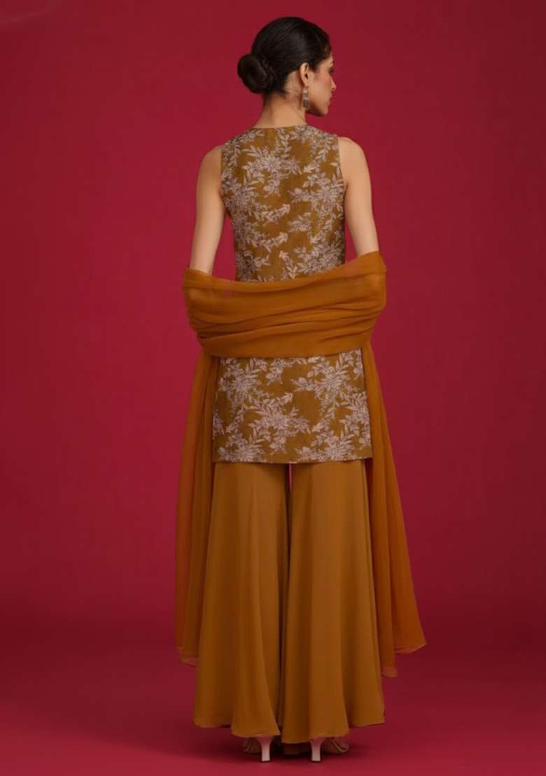 Brown Embroidered Crepe Sharara Set - Indya
