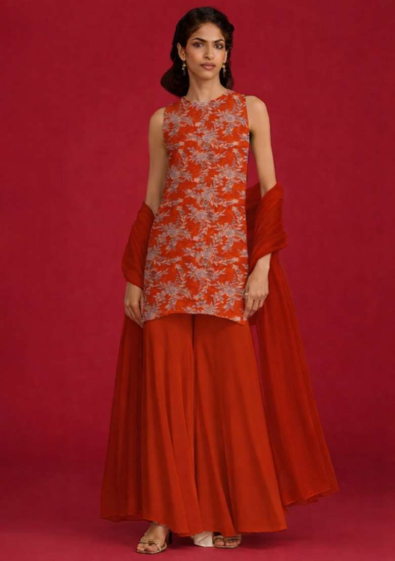 Red Embroidered Crepe Sharara Set - Indya