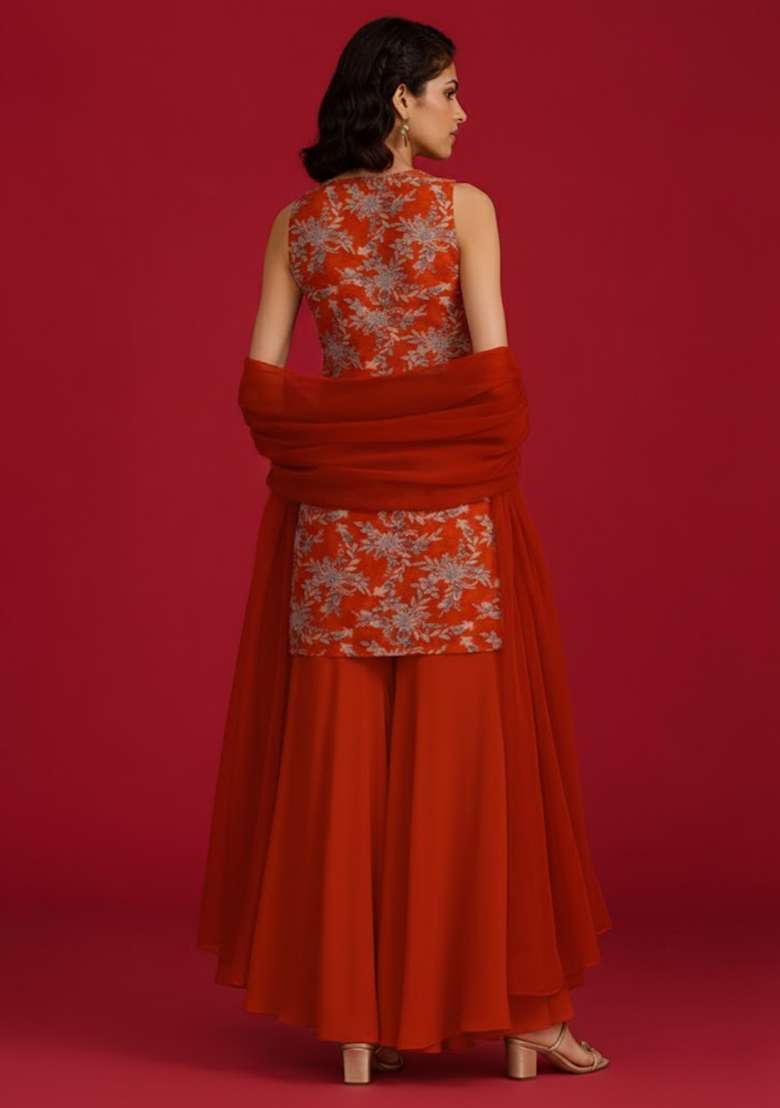 Red Embroidered Crepe Sharara Set - Indya
