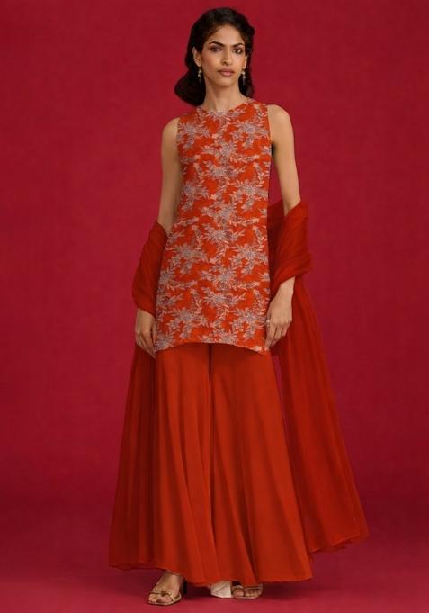 Red Embroidered Crepe Sharara Set