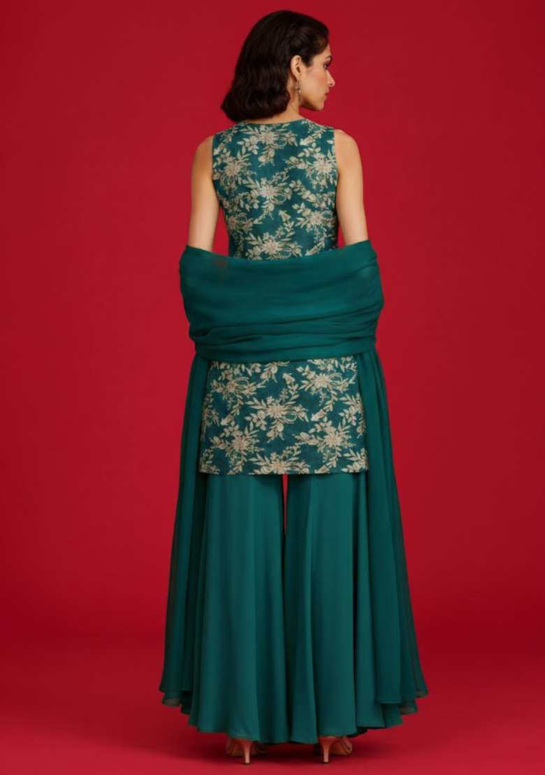 Bottle Green Embroidered Crepe Sharara Set - Indya
