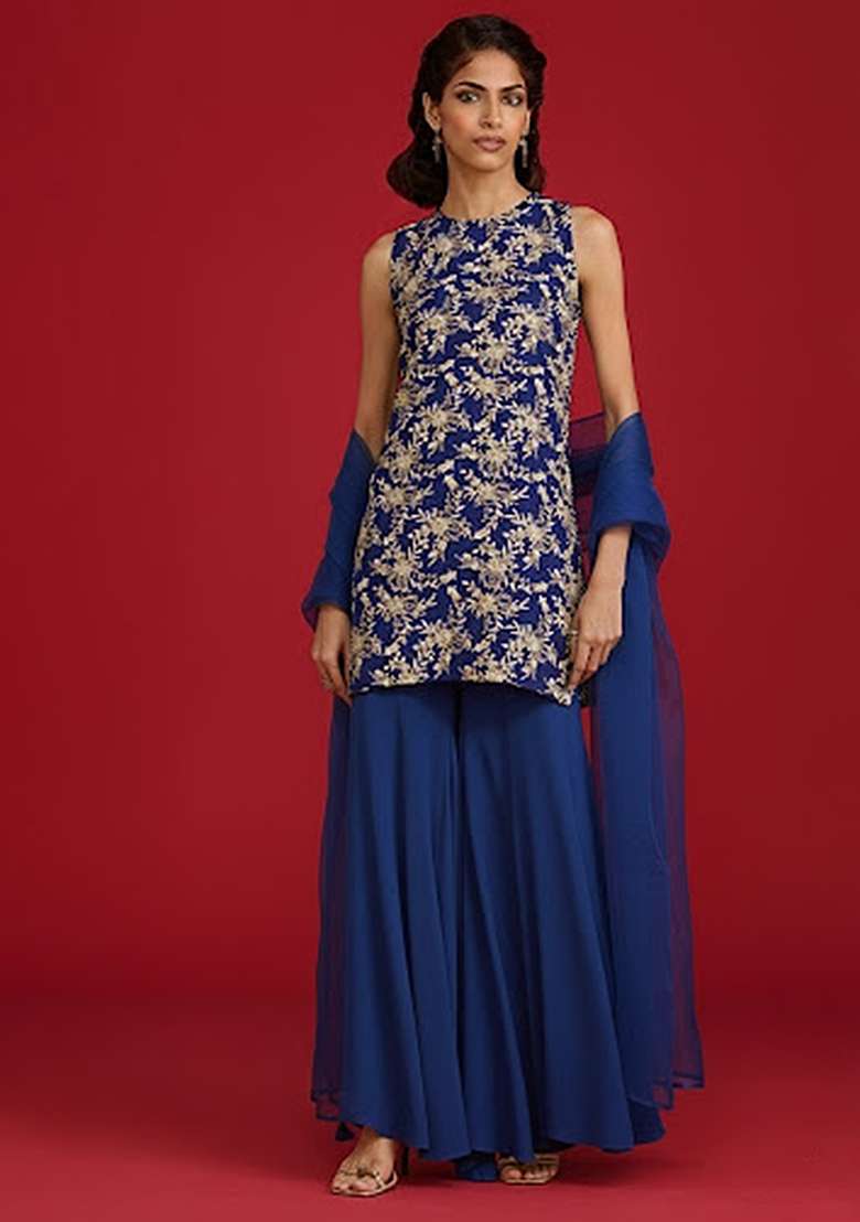 Royal Blue Embroidered Crepe Sharara Set - Indya