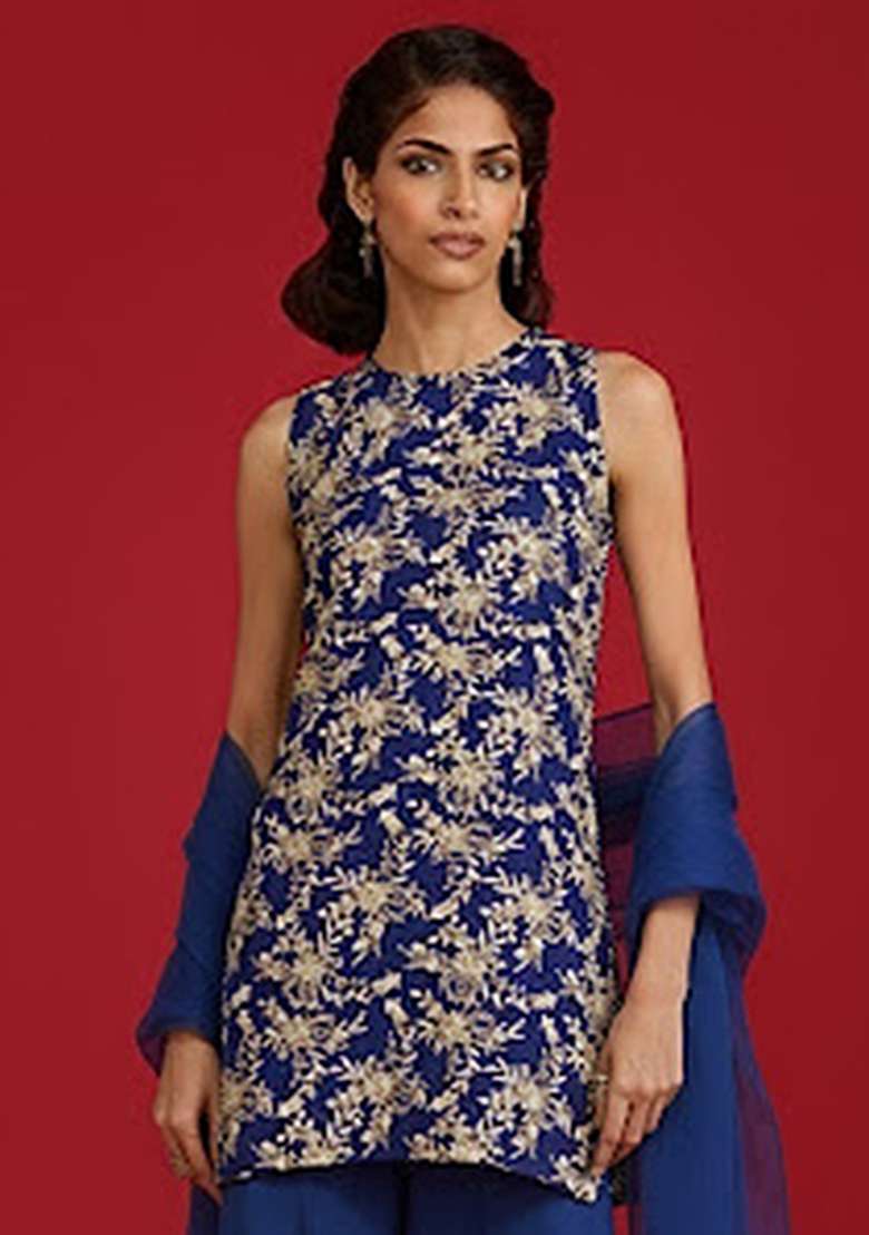 Royal Blue Embroidered Crepe Sharara Set - Indya