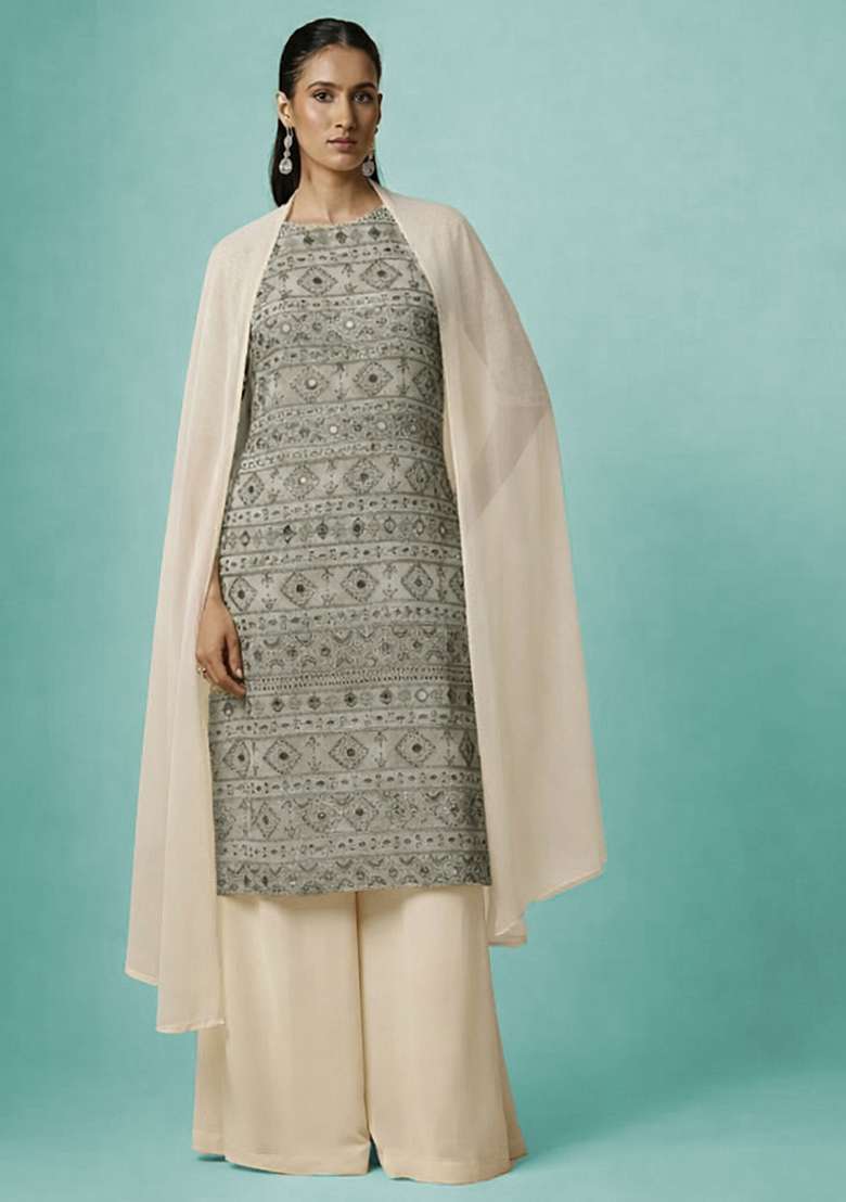 Off White Sequin Net Sharara Set - Indya