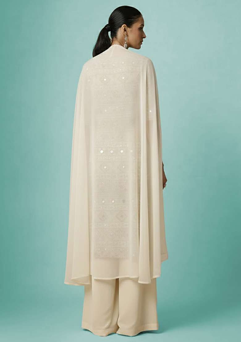Off White Sequin Net Sharara Set - Indya