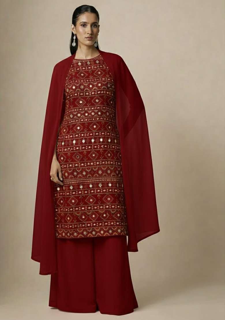 Red Sequin Net Sharara Set - Indya