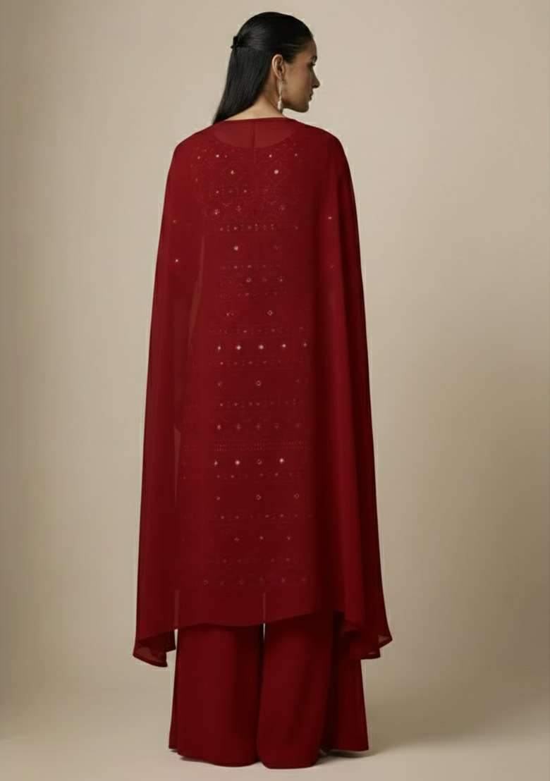 Red Sequin Net Sharara Set - Indya