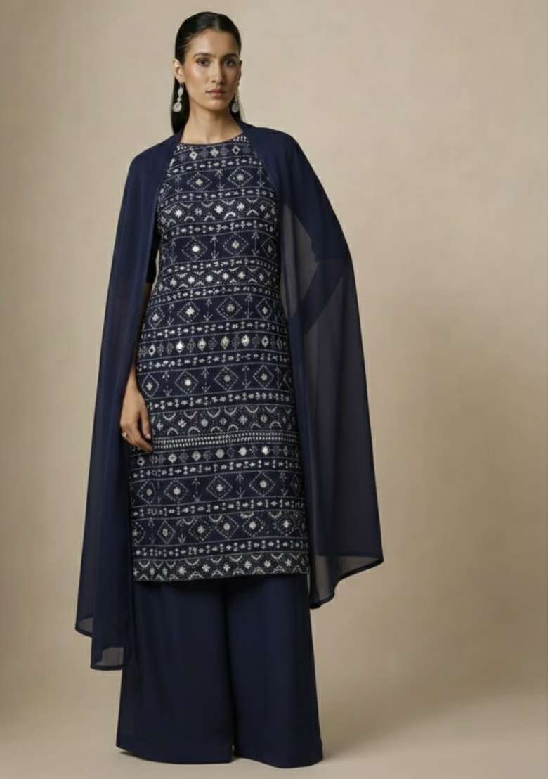 Dark Blue Sequin Net Sharara Set - Indya