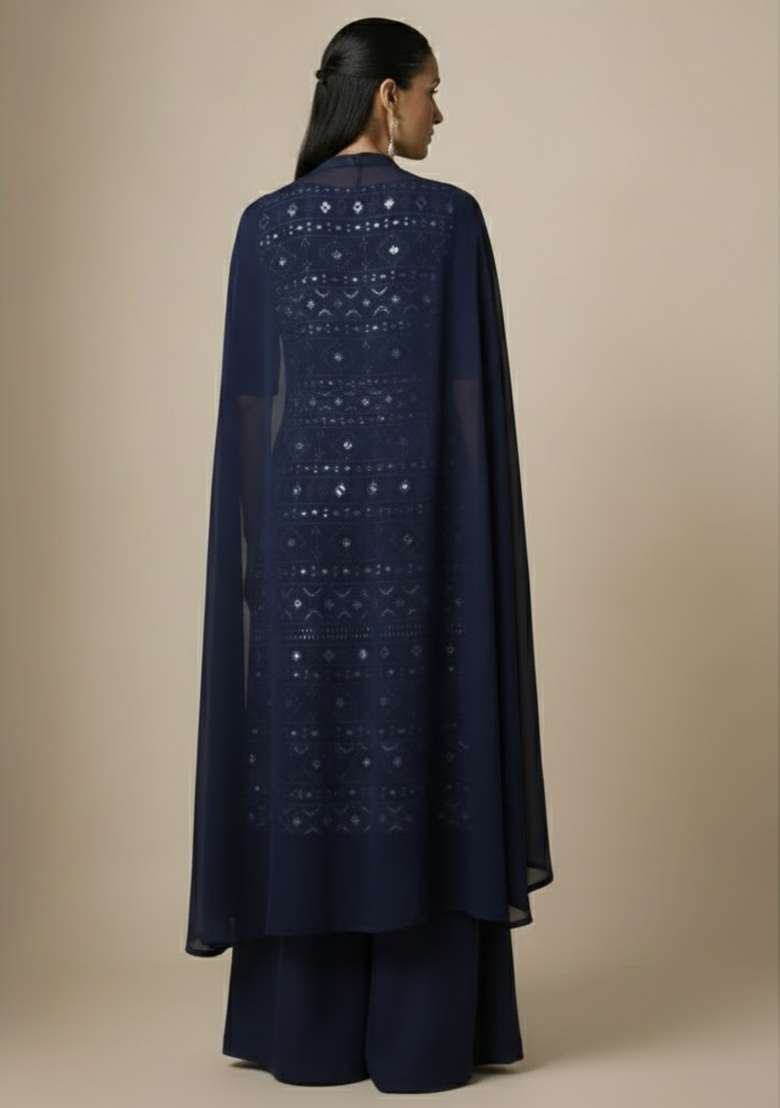 Dark Blue Sequin Net Sharara Set - Indya
