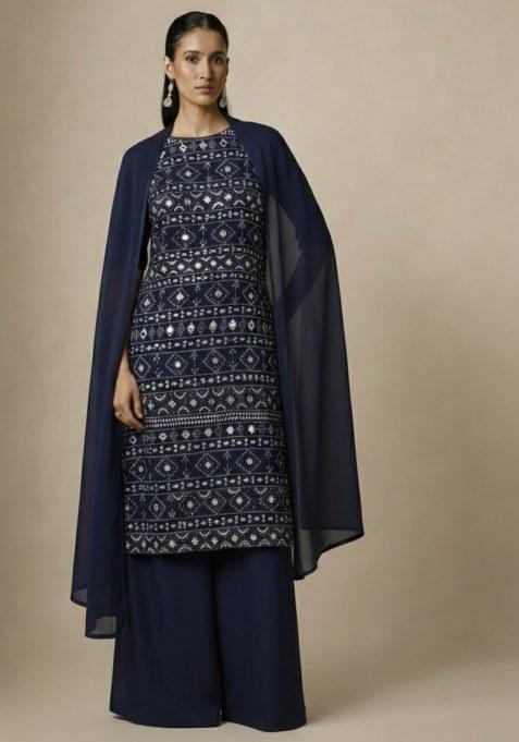 Dark Blue Sequin Net Sharara Set