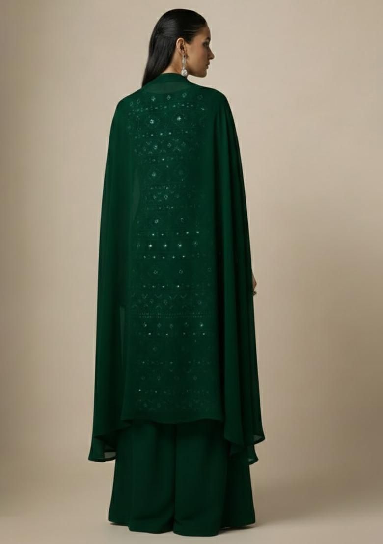Dark Green Sequin Net Sharara Set - Indya