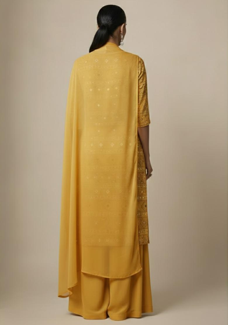 Mustard Sequin Net Sharara Set - Indya