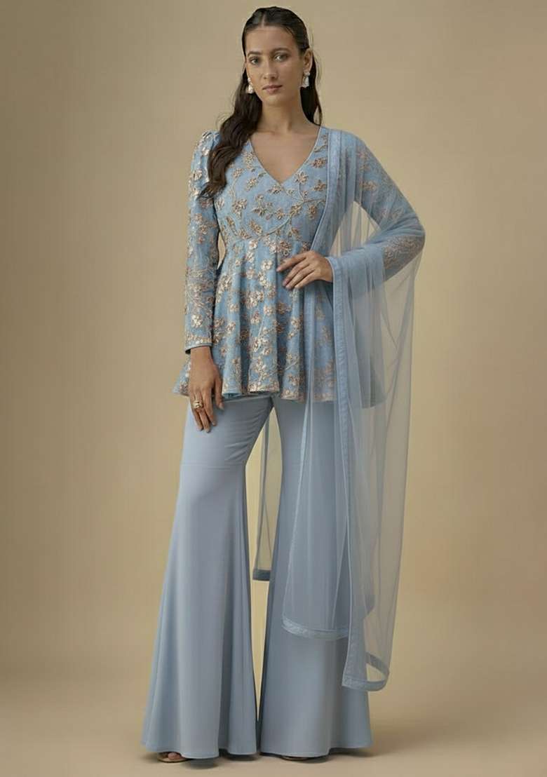 Powder Blue Sequin Net Sharara Set - Indya