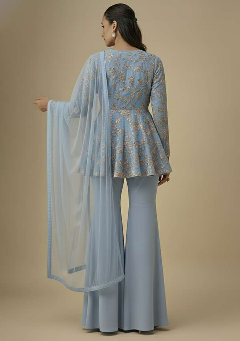 Powder Blue Sequin Net Sharara Set - Indya