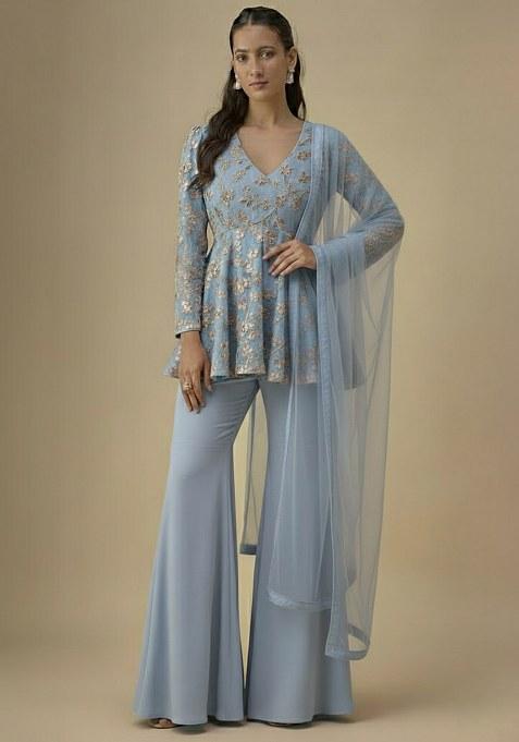 Powder Blue Sequin Net Sharara Set