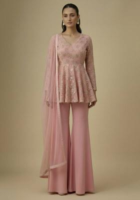 Powder Pink Sequin Net Sharara Set