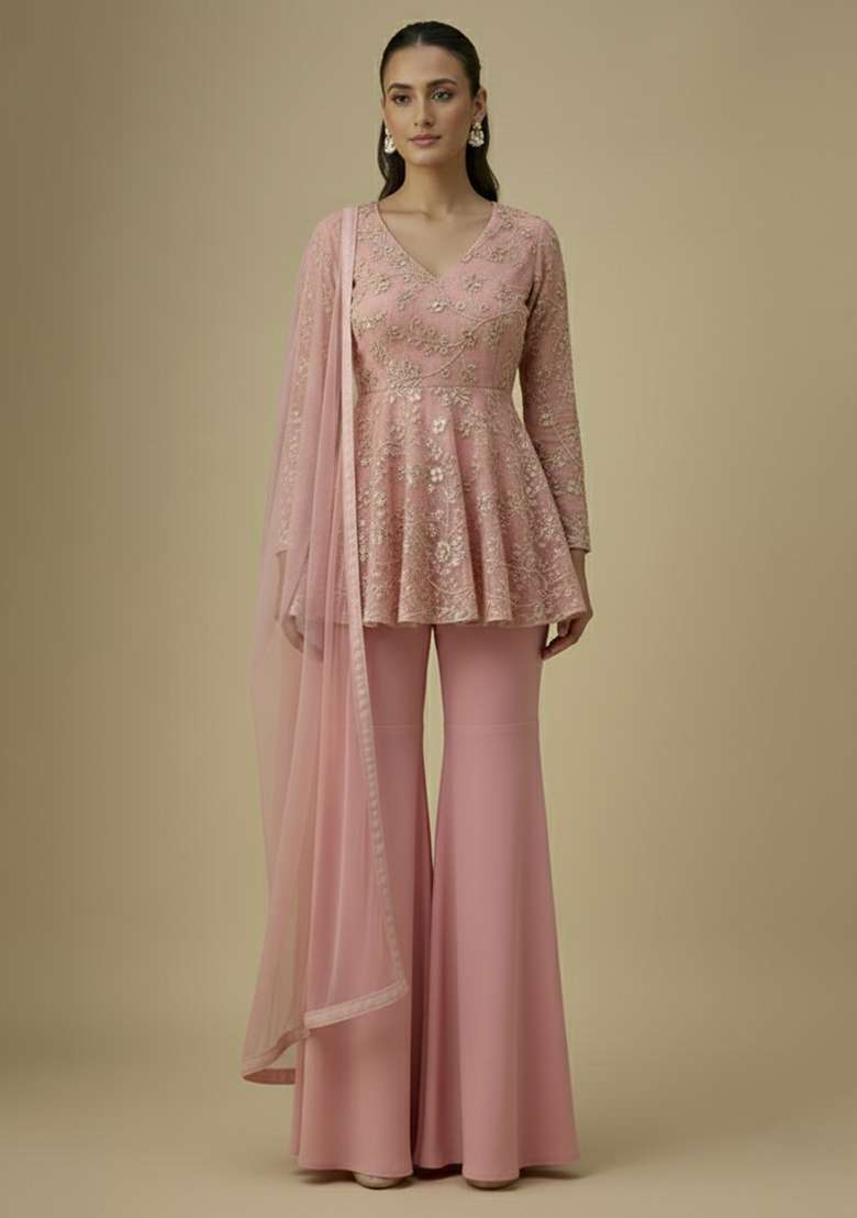 Powder Pink Sequin Net Sharara Set - Indya