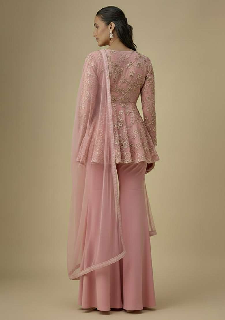 Powder Pink Sequin Net Sharara Set - Indya