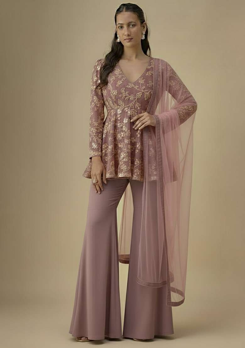 Mauve Sequin Net Sharara Set - Indya
