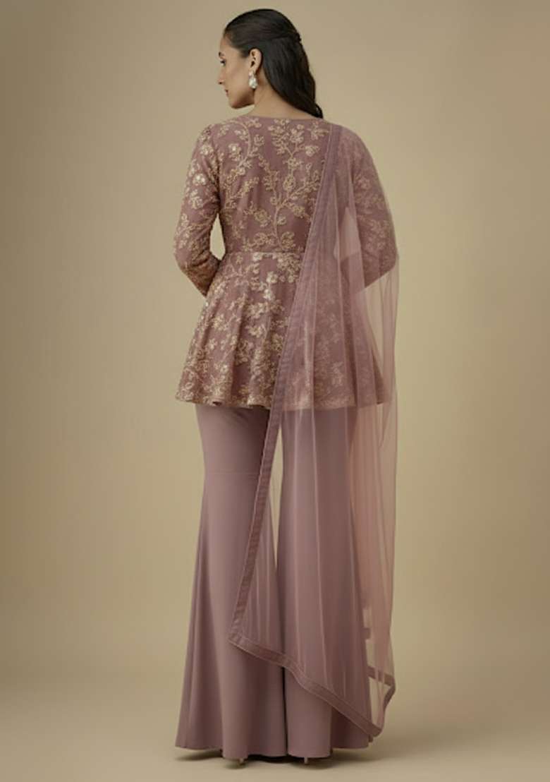 Mauve Sequin Net Sharara Set - Indya