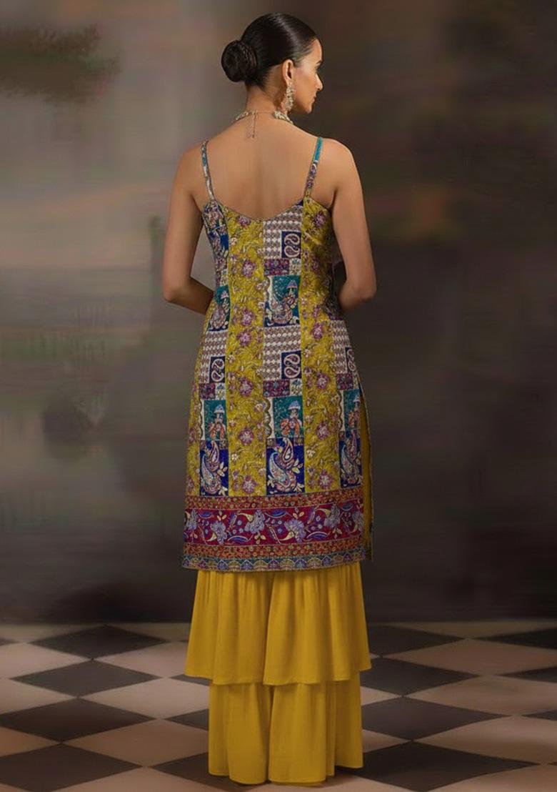 Mustard Embroidered Crepe Sharara Set - Indya