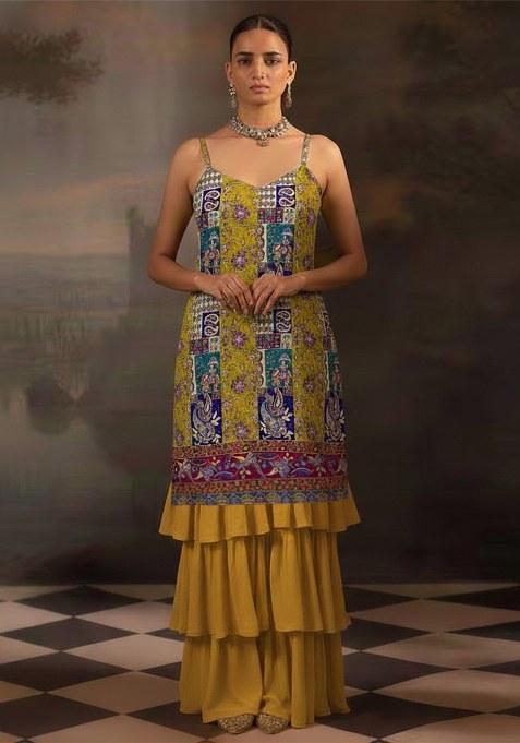 Mustard Embroidered Crepe Sharara Set