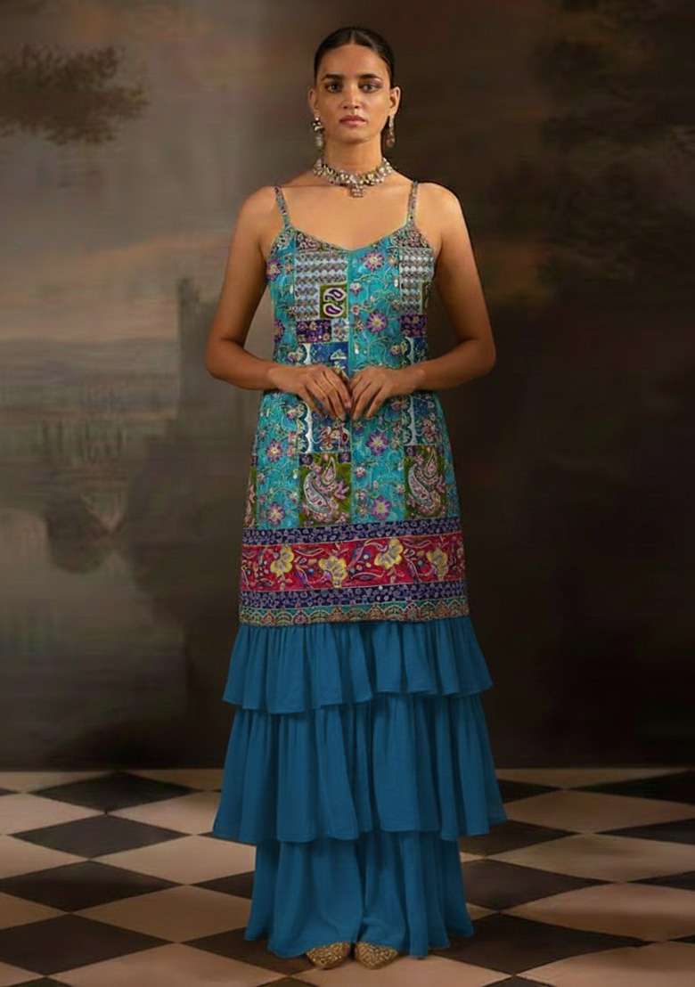 Blue Embroidered Crepe Sharara Set - Indya