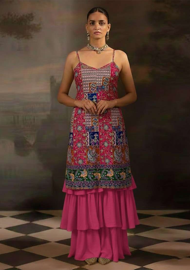 Pink Embroidered Crepe Sharara Set - Indya