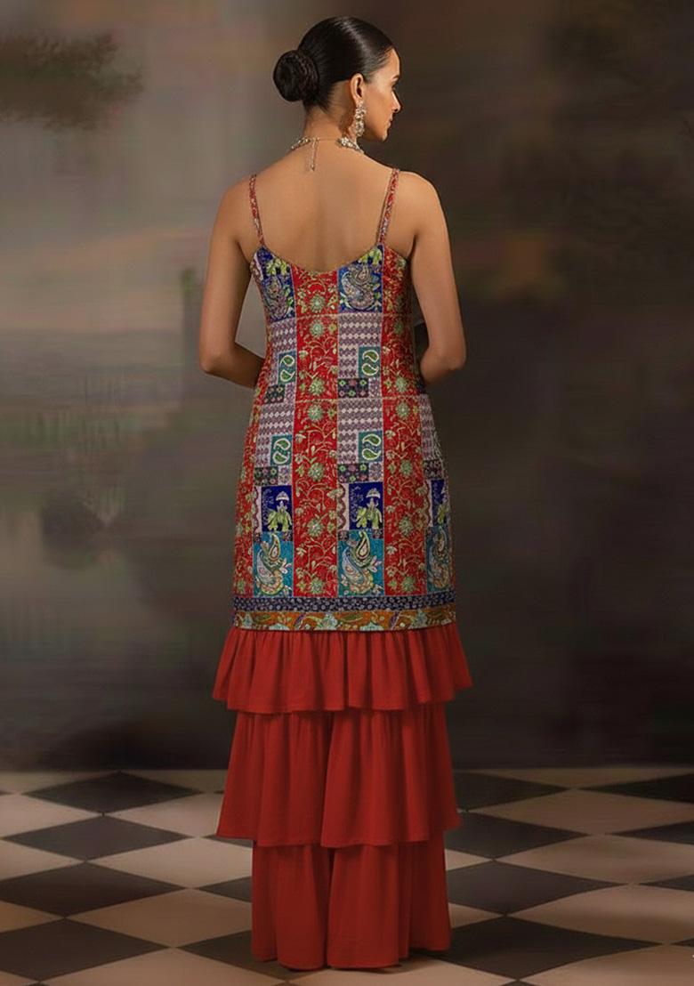 Rust Embroidered Crepe Sharara Set - Indya