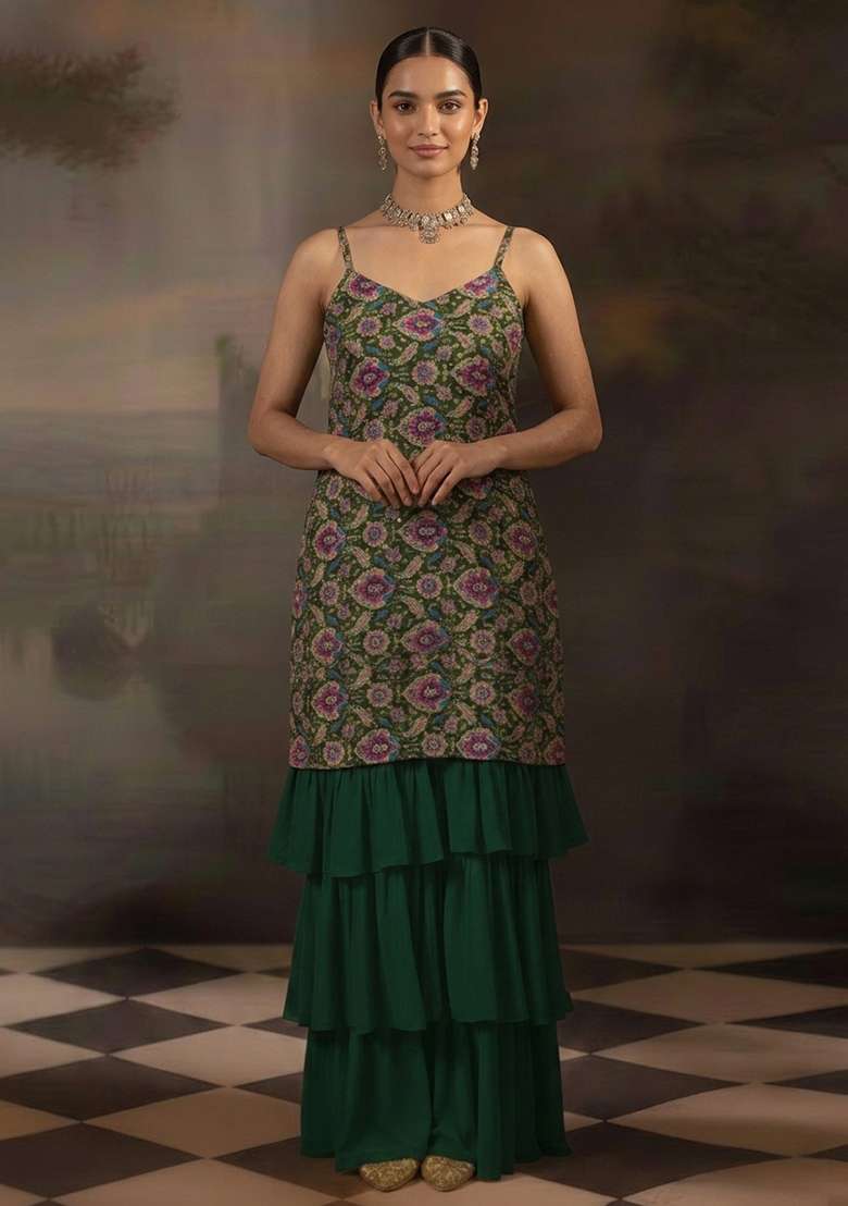 Bottle Green Embroidered Crepe Sharara Set - Indya