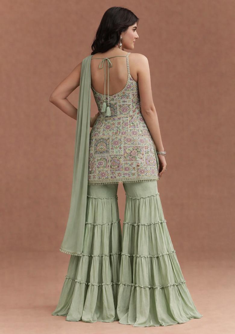 Sage Green Silk Sharara Set - Indya