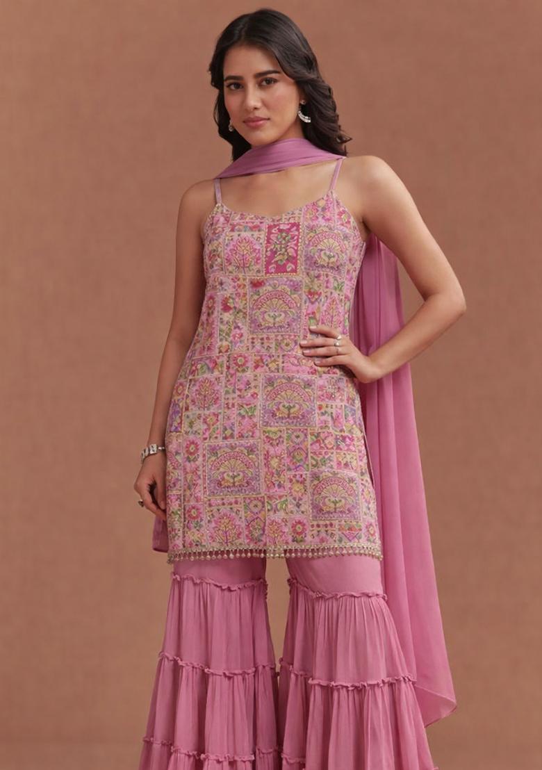 Pink Silk Sharara Set - Indya
