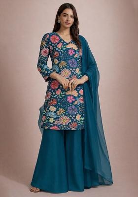 Teal Blue Floral Print Chinon Sharara Set