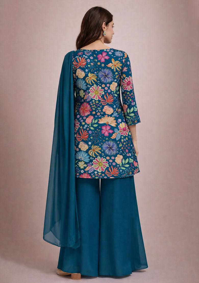 Teal Blue Floral Print Chinon Sharara Set - Indya