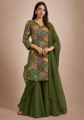 Olive Green Floral Print Chinon Sharara Set