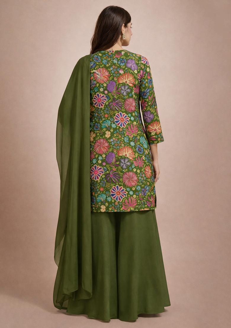 Olive Green Floral Print Chinon Sharara Set - Indya