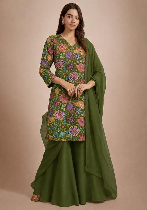 Olive Green Floral Print Chinon Sharara Set