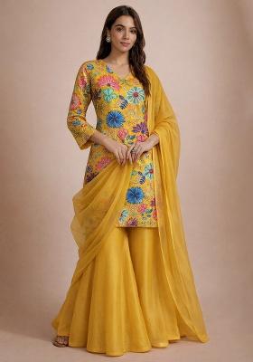 Yellow Floral Print Chinon Sharara Set