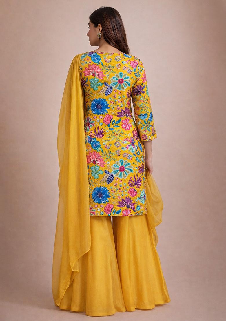 Yellow Floral Print Chinon Sharara Set - Indya
