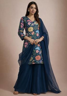 Navy Blue Floral Print Chinon Sharara Set