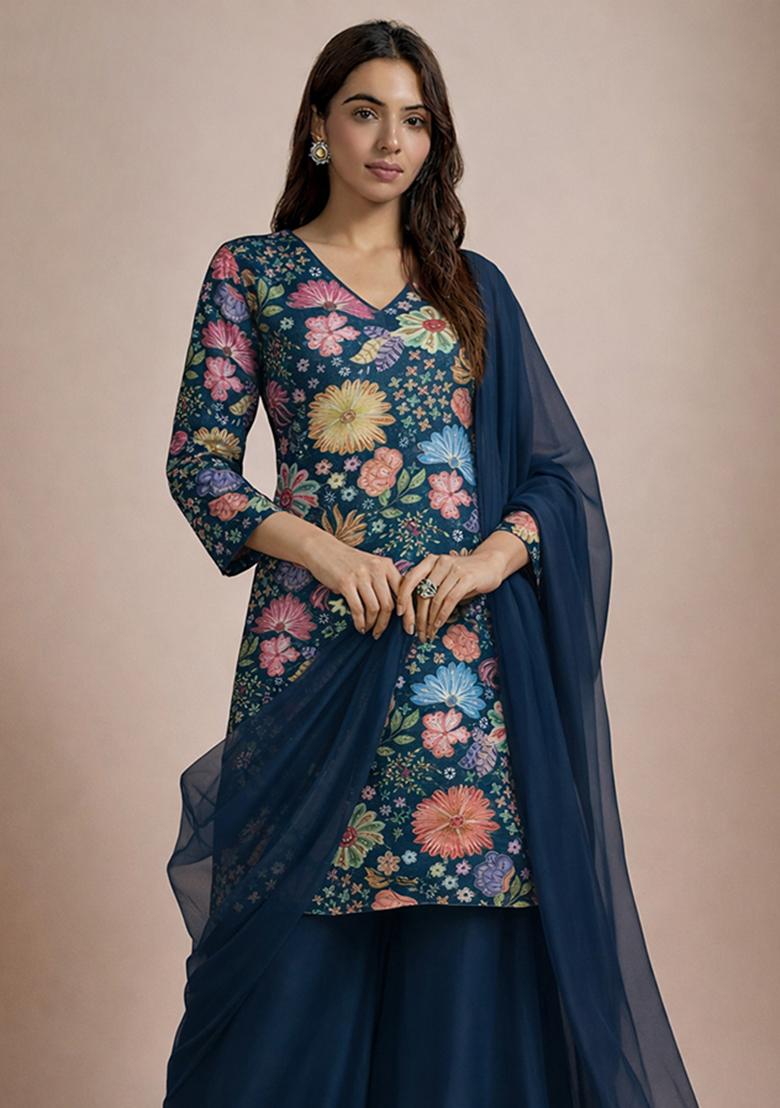Navy Blue Floral Print Chinon Sharara Set - Indya