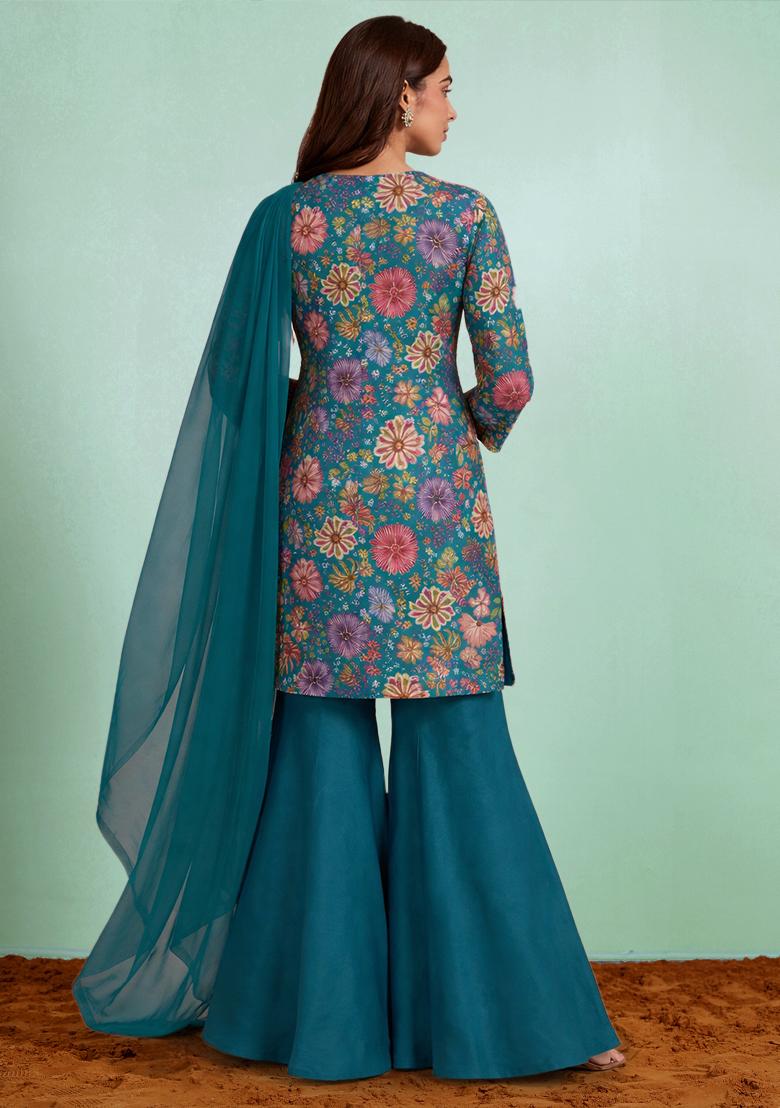 Teal Blue Floral Print Chinon Sharara Set - Indya