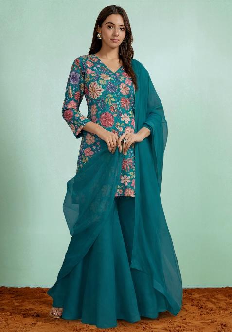 Teal Blue Floral Print Chinon Sharara Set