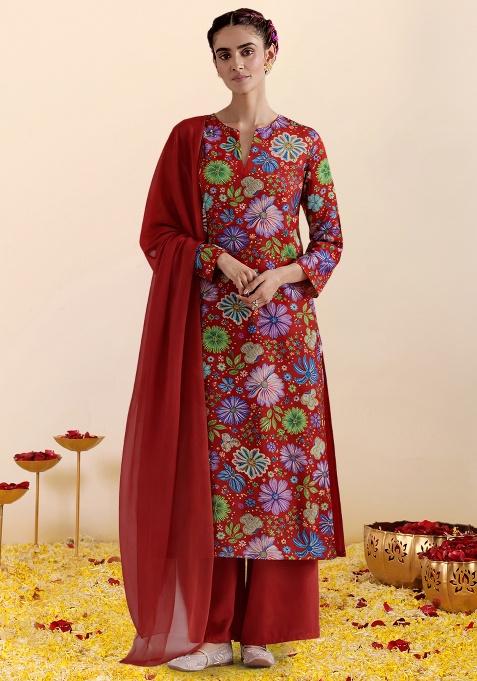 Red Floral Print Chinon Straight Kurta Set