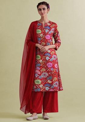 Deep Red Floral Print Chinon Kurta Set