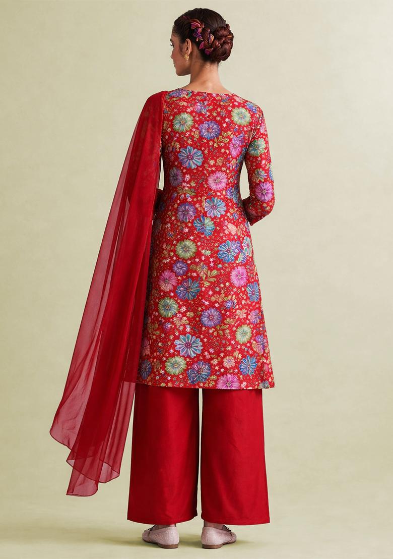 Deep Red Floral Print Chinon Kurta Set - Indya