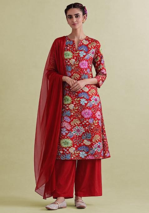 Deep Red Floral Print Chinon Straight Kurta Set